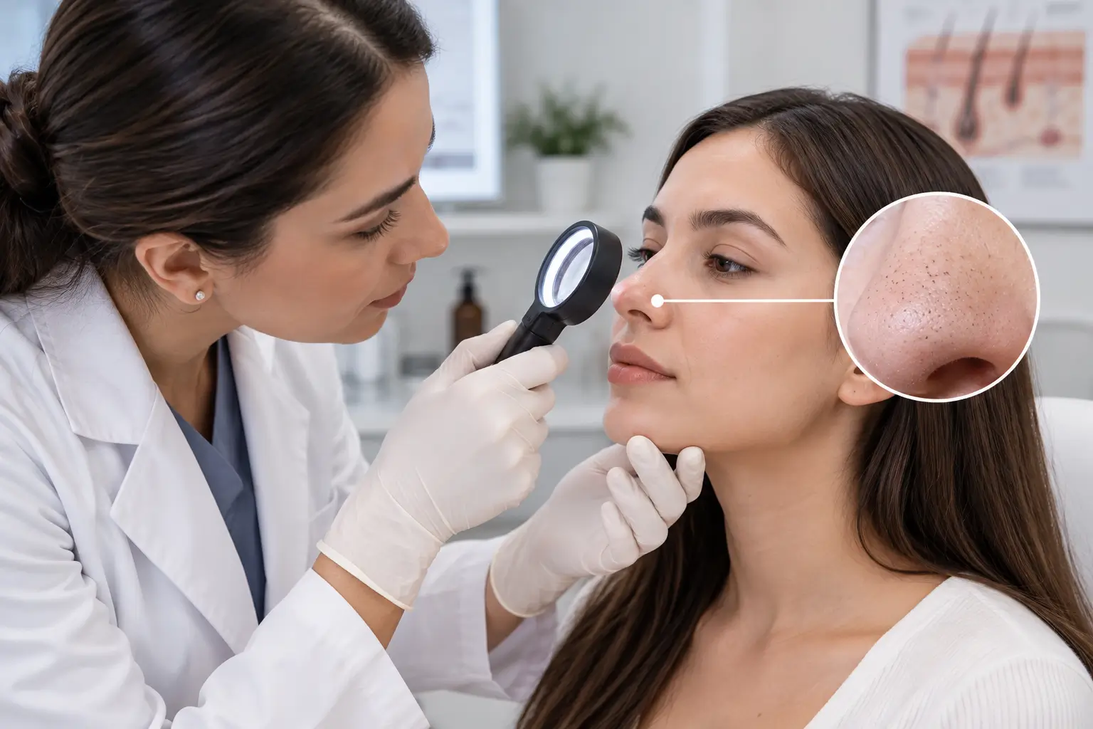 Dermatóloga examinando la piel de la nariz con puntos negros.
